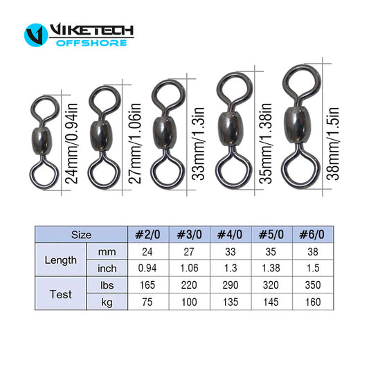 Size chart for the #2/0 to #6/0 ball bearing swivels in this box: 24 to 38 mm, 165 to 350 lb