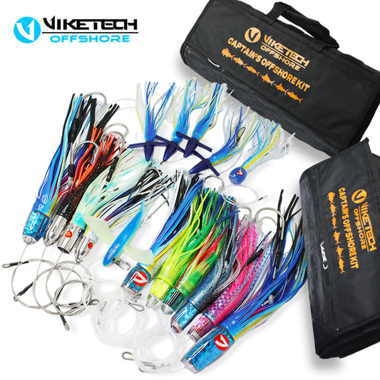 Viketech Captain's Offshore Kit - all 12 pre-rigged trolling lures laid out beside the two black roll-up bags