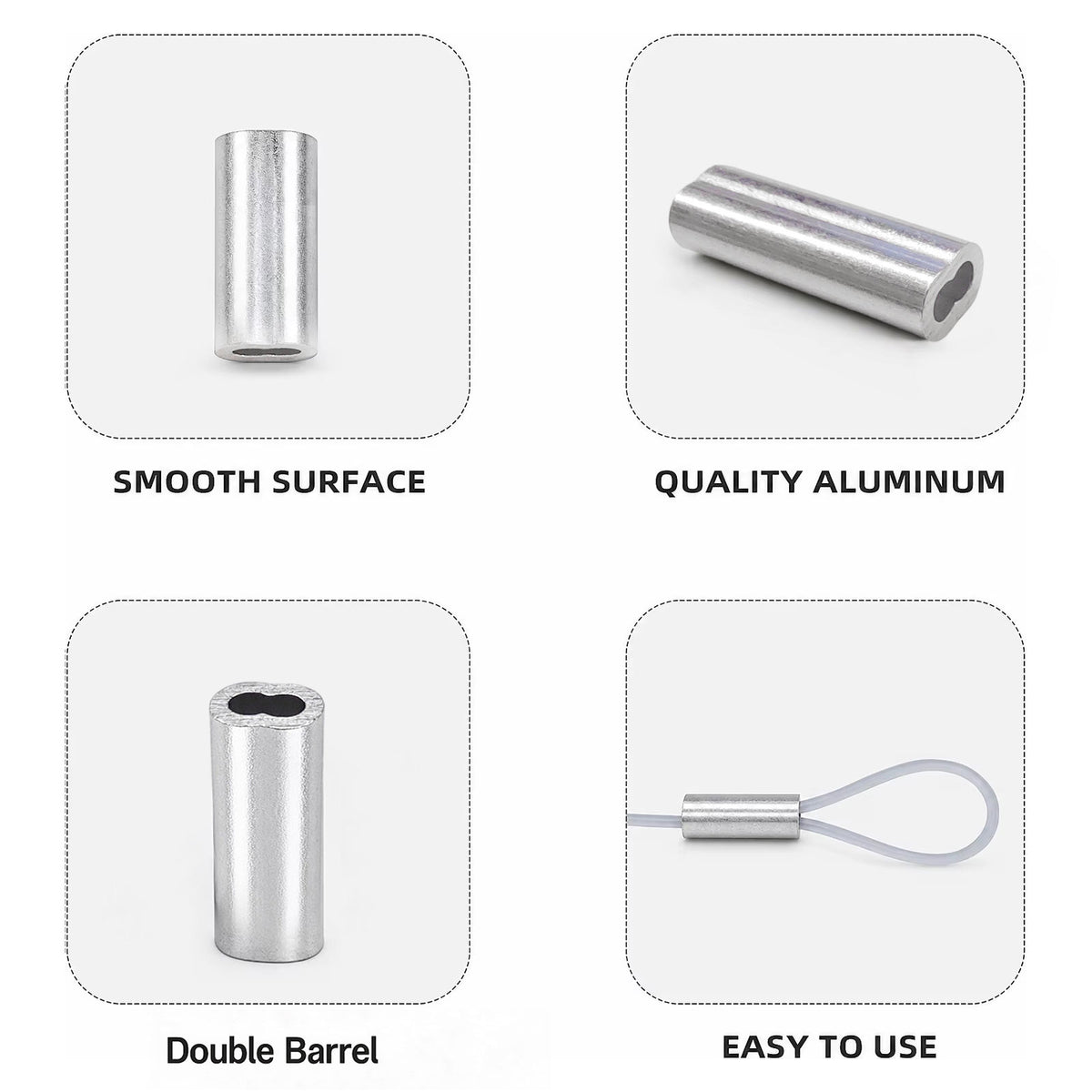 Aluminum double-barrel crimp sleeve, close-up