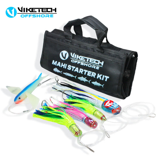 Mahi Mahi Trolling Lure Kit, 5pc Pre-Rigged Mahi Starter Kit with Roll-Up Bag