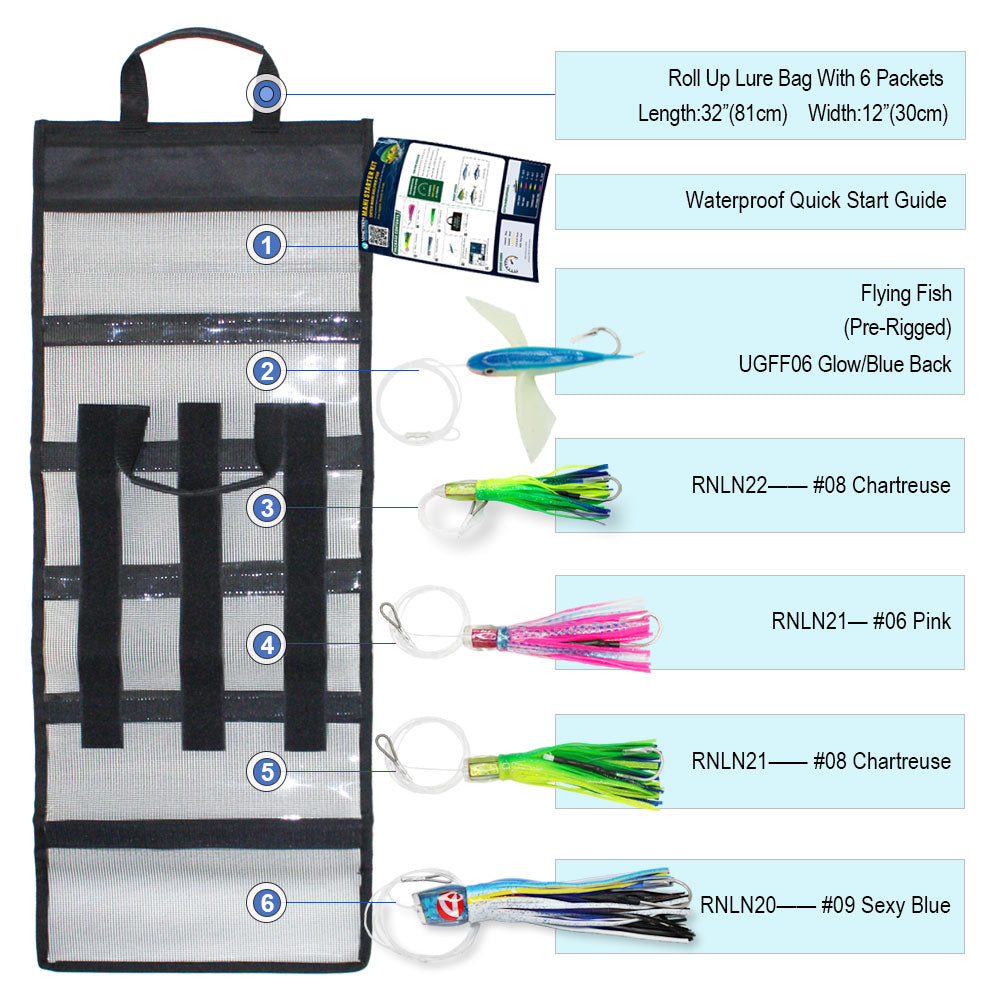 Mahi Mahi Trolling Lure Kit, 5pc Pre-Rigged Mahi Starter Kit with Roll-Up Bag