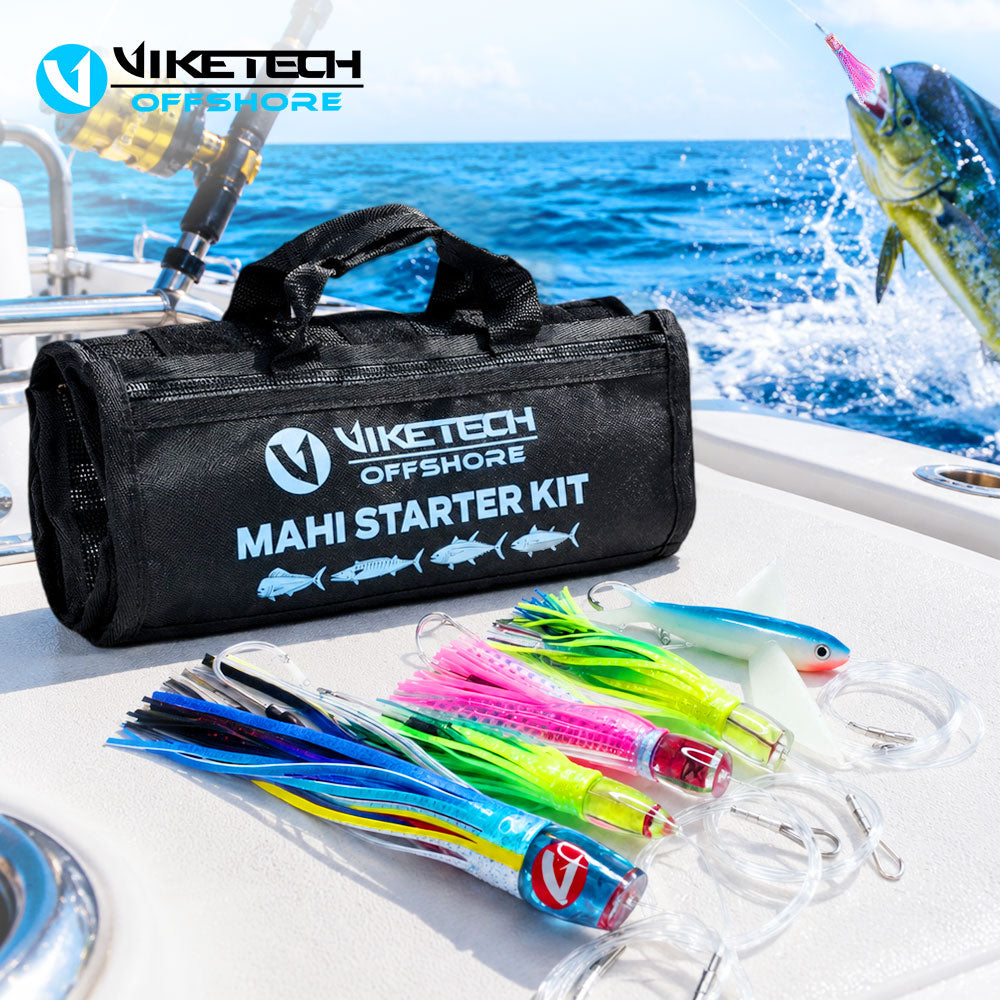 Mahi Mahi Trolling Lure Kit, 5pc Pre-Rigged Mahi Starter Kit with Roll-Up Bag