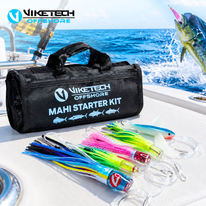 Mahi Mahi Trolling Lure Kit, 5pc Pre-Rigged Mahi Starter Kit with Roll-Up Bag