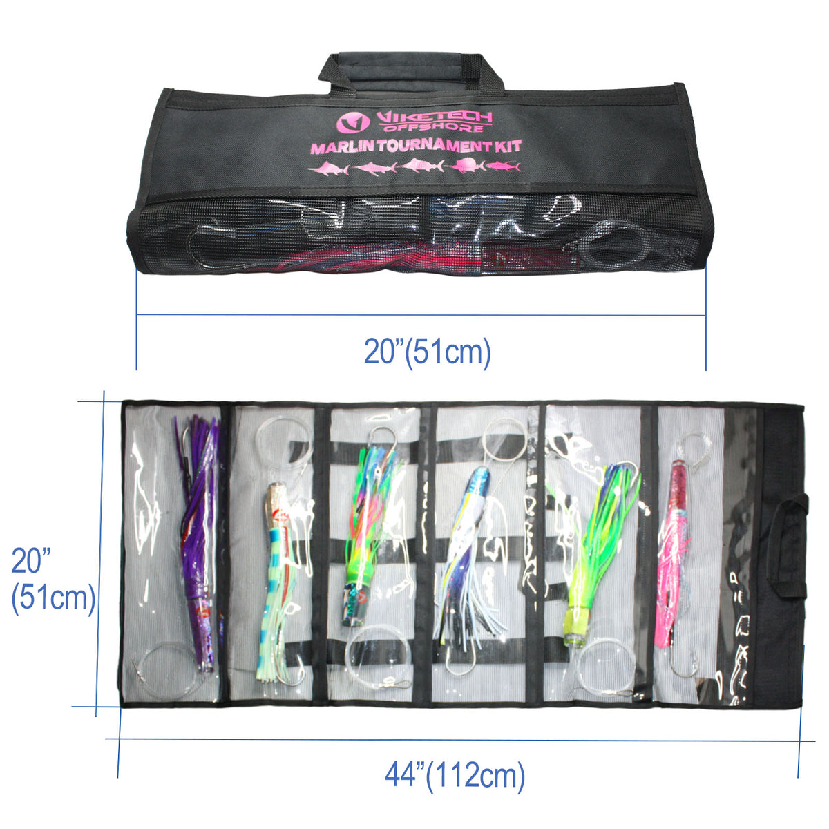 Marlin Tournament Kit contents – six rigged lures and 6-pocket mesh bag