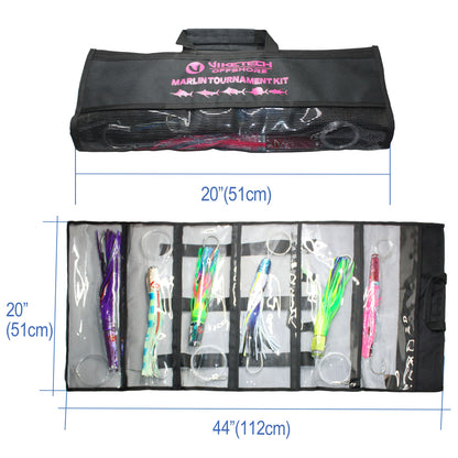 Marlin Tournament Kit contents – six rigged lures and 6-pocket mesh bag