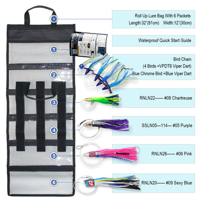 Universal Offshore Trolling Lure Kit, 5pc Pre-Rigged Set with roll-up bag