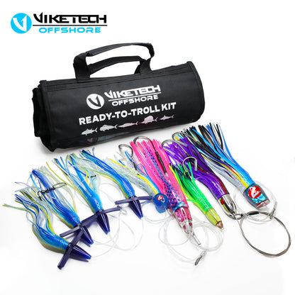 Universal Offshore Trolling Lure Kit, 5pc Pre-Rigged Set with roll-up bag