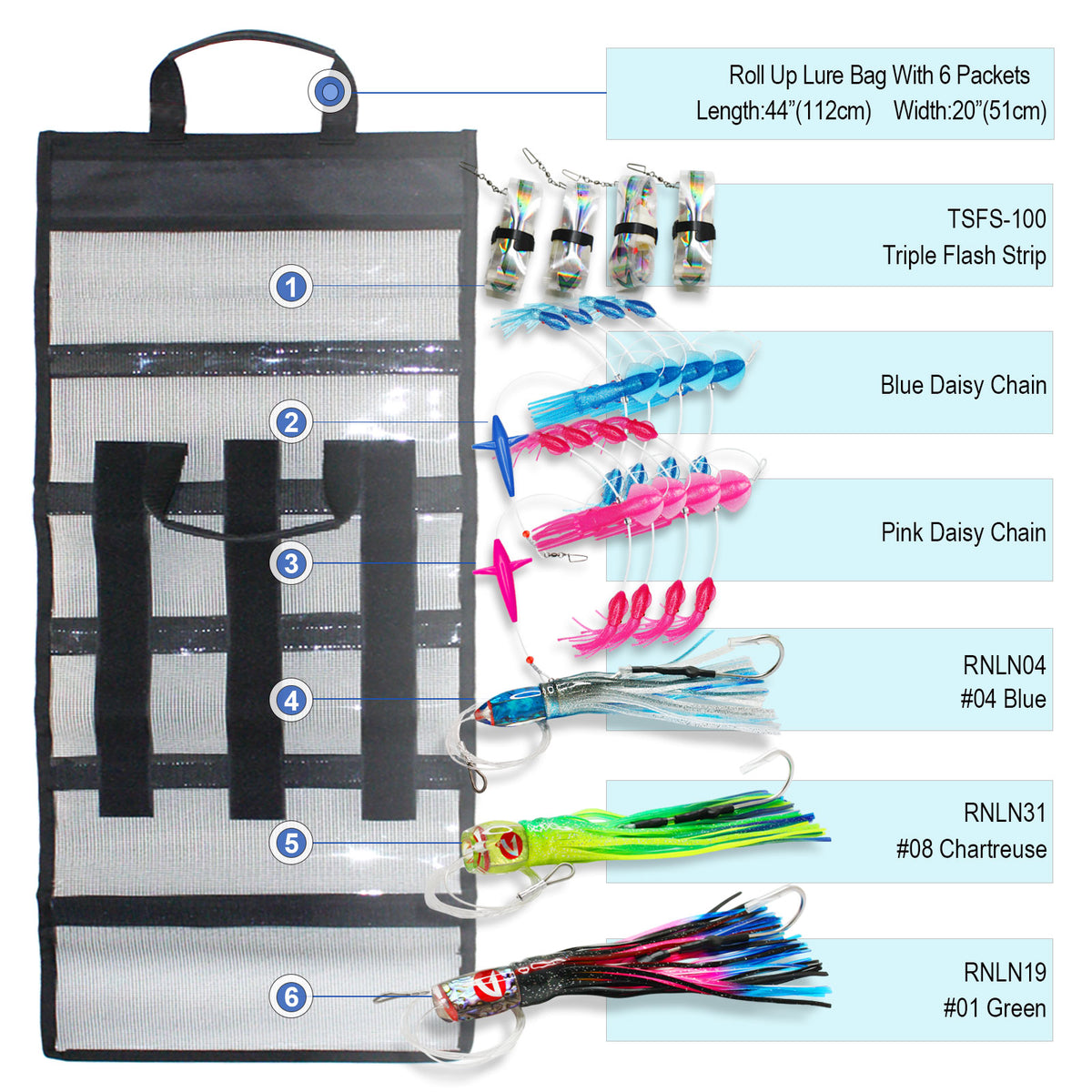 Offshore tournament trolling lure kit detail – primary spread lures