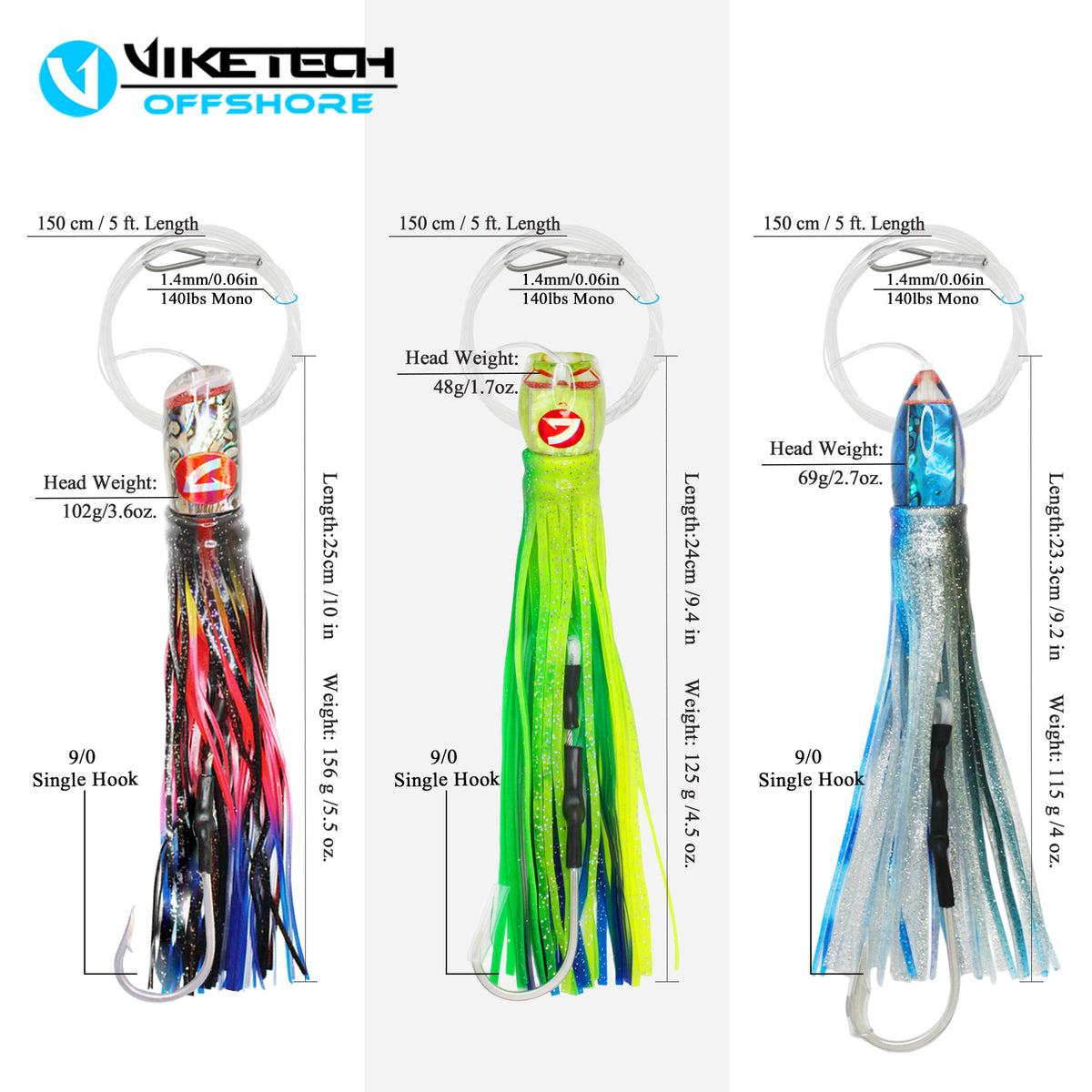 Offshore tournament trolling lure kit detail – lure heads and colours