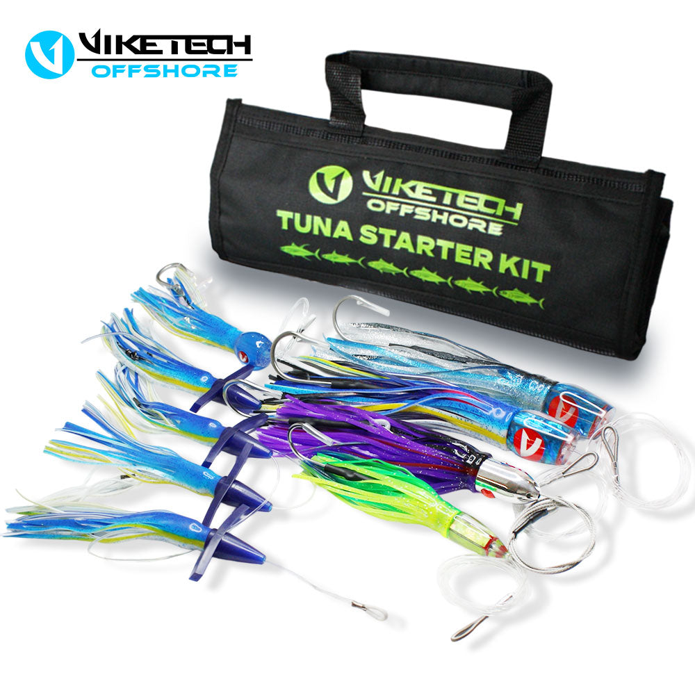 Viketech Tuna Starter Kit: four pre-rigged tuna trolling lures and a bird teaser chain beside the black roll-up bag