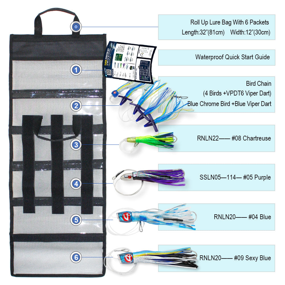 What is included in the Tuna Starter Kit: bird chain, RNLN22 chartreuse, SSLN05 purple and two RNLN20 blue trolling lures in a 6-pocket roll-up bag
