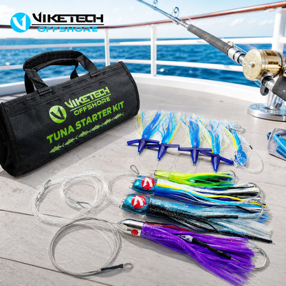 Tuna Starter Kit laid out on a boat deck with the roll-up bag and a trolling rod