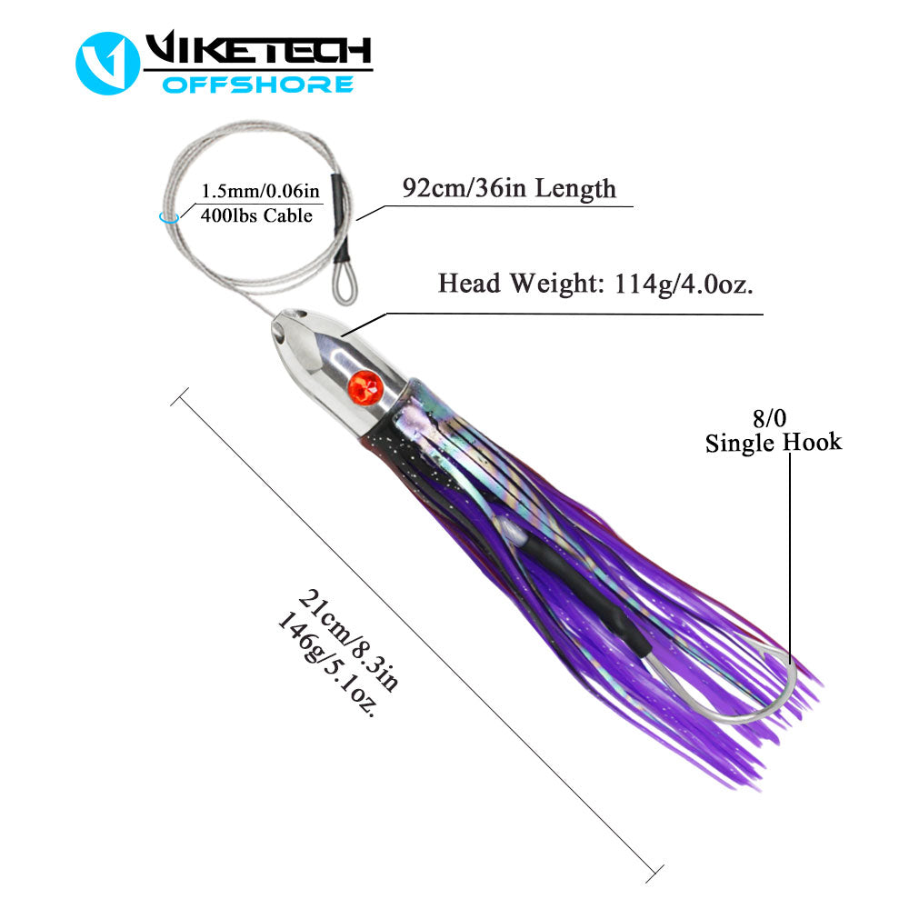 SSLN05-114 purple stainless bullet trolling lure, 8.3 inches, 400 lb cable leader, 8/0 single hook