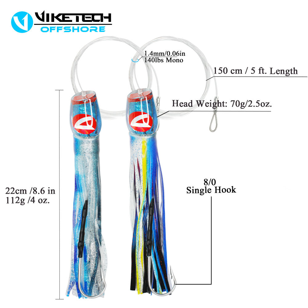 RNLN20 blue resin trolling lures, 8.6 inches, 140 lb mono leader, 8/0 single hook