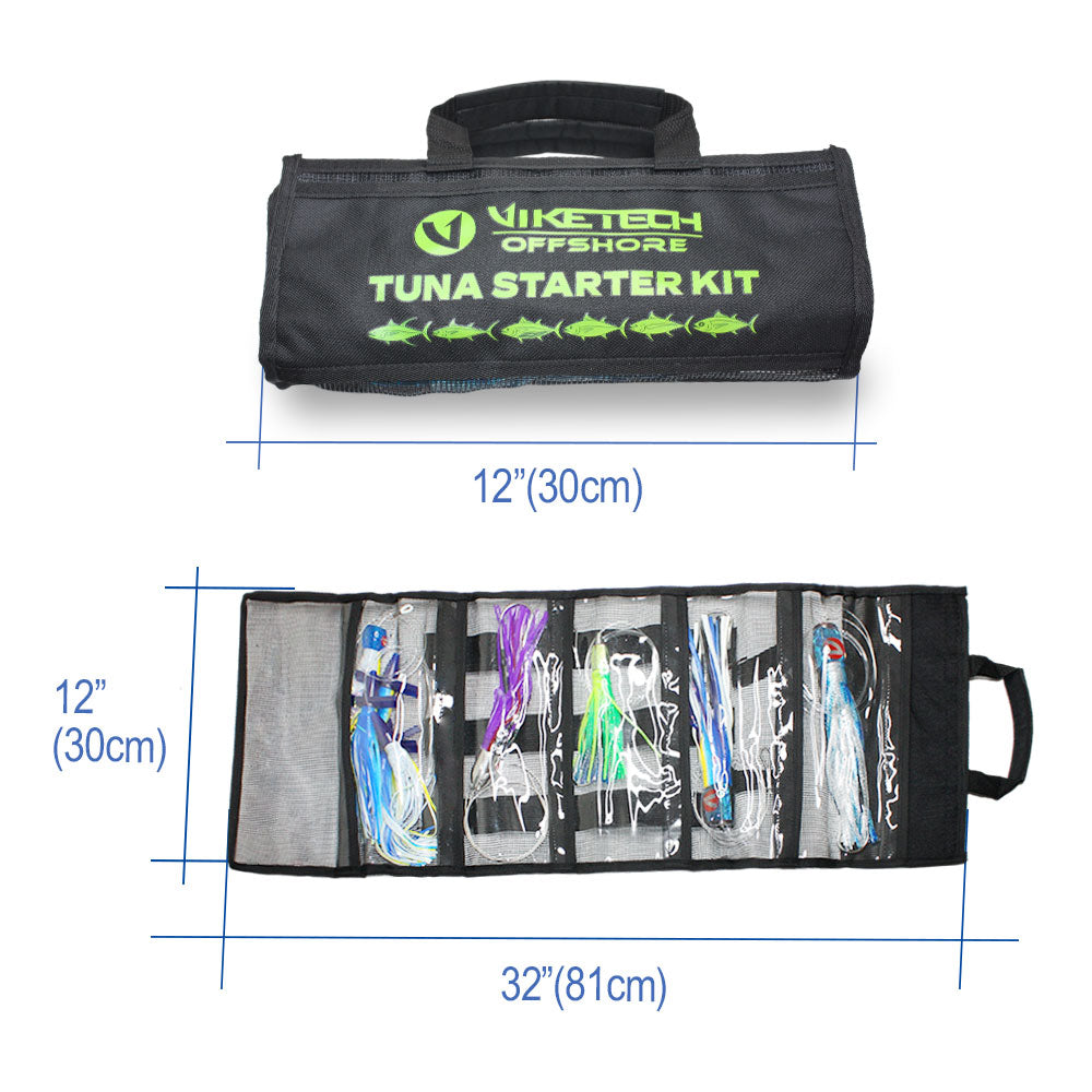 Tuna Starter Kit roll-up bag dimensions: 12 inches rolled, 32 by 12 inches unrolled with a lure in each pocket