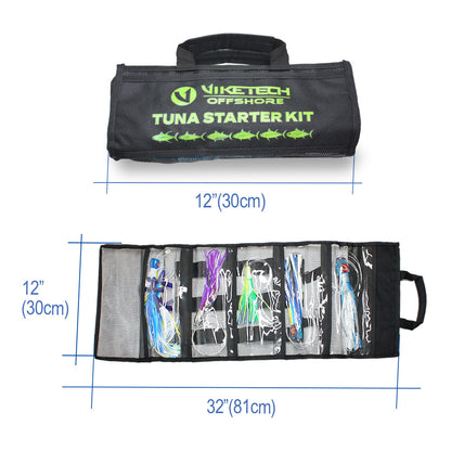 Tuna Starter Kit roll-up bag dimensions: 12 inches rolled, 32 by 12 inches unrolled with a lure in each pocket